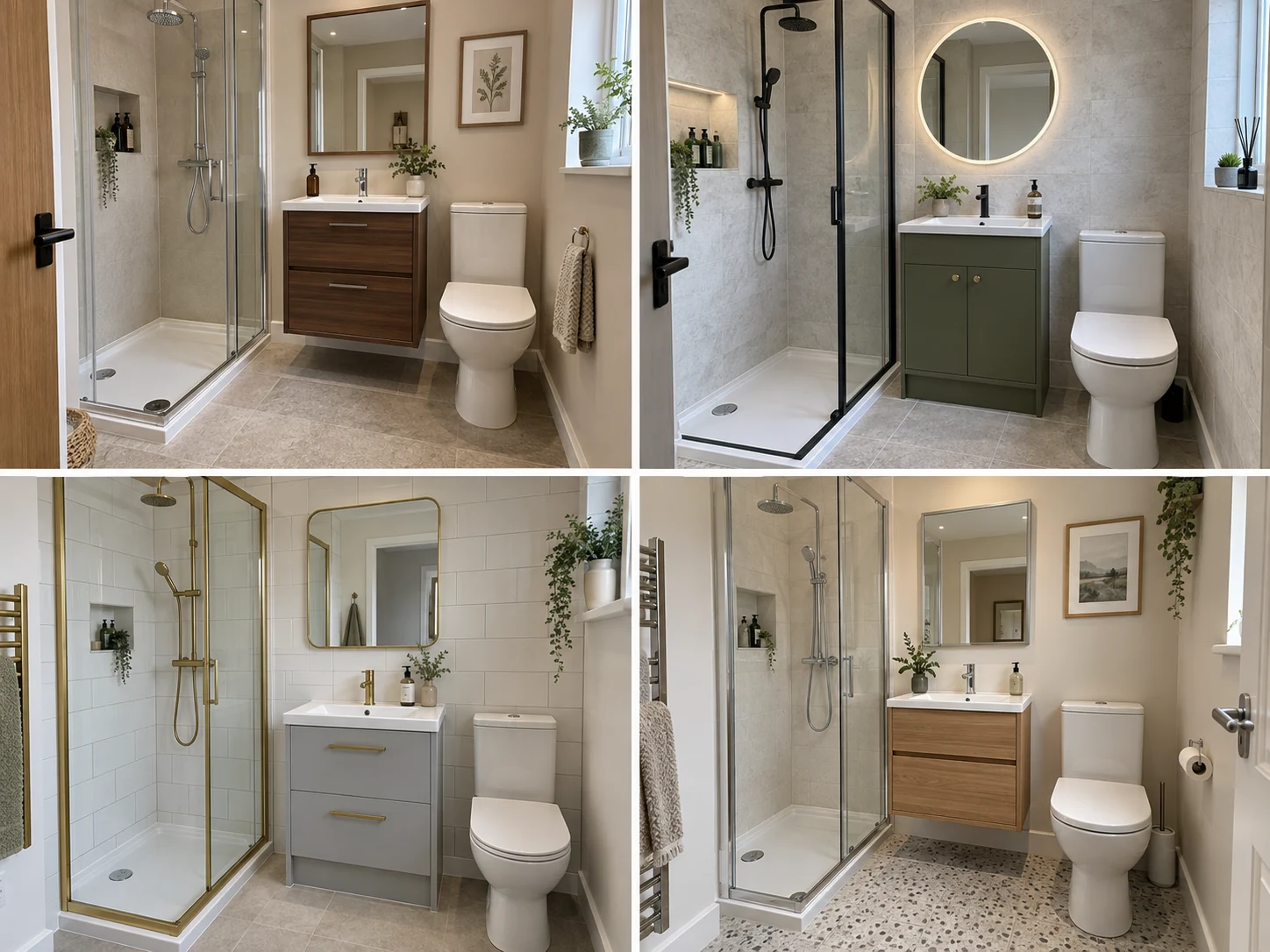 Compact shower room with white rectangular tiles, light grey vanity, brass frame